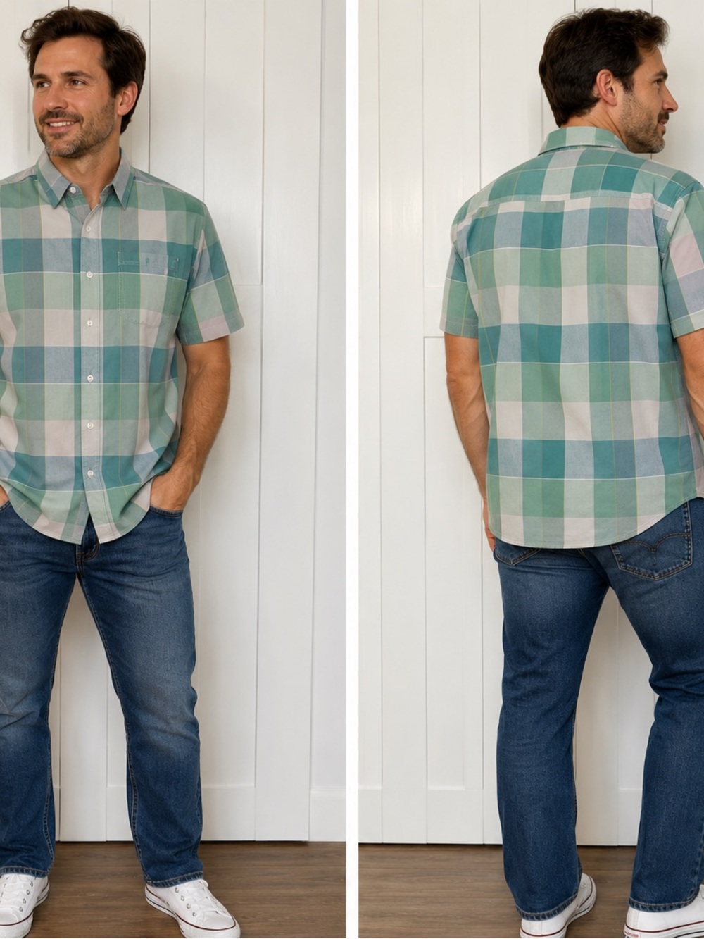 Men's Short-Sleeve Plaid Button-Down Shirt - Green & Blue